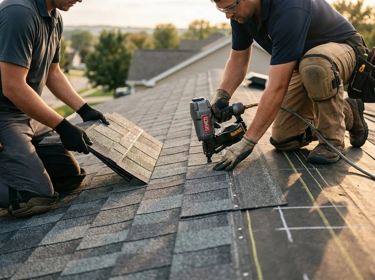 Professional roofer working on a residential roof in Green Brook
